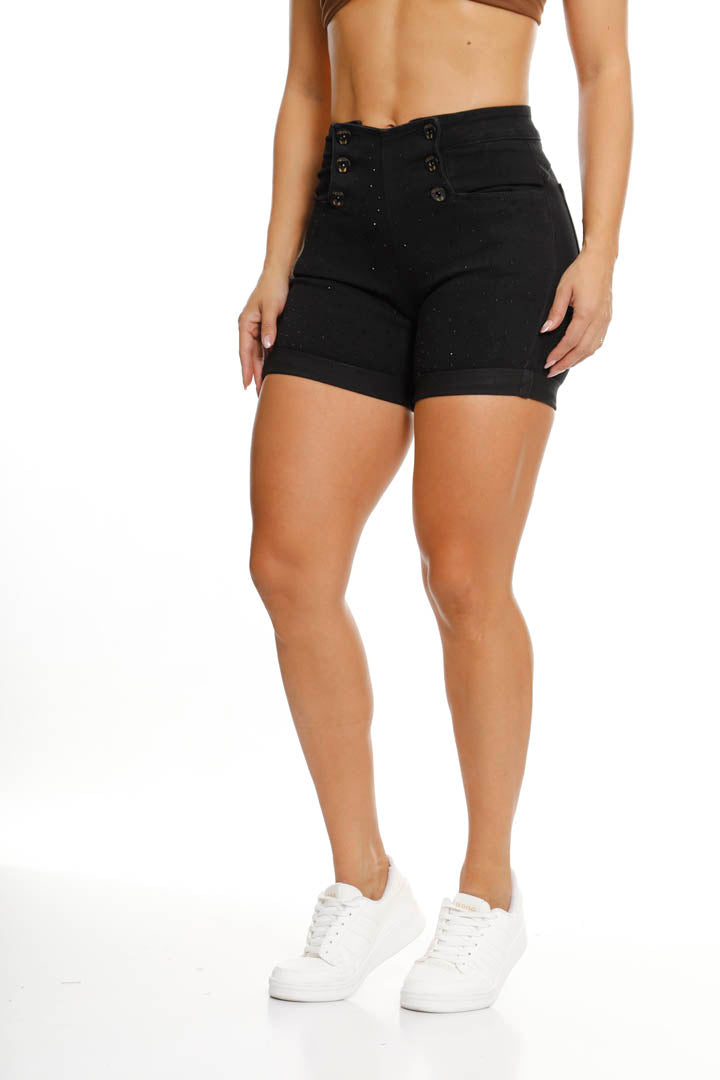 Short Negro Tiro Alto Ajustada Botonadura Frontal